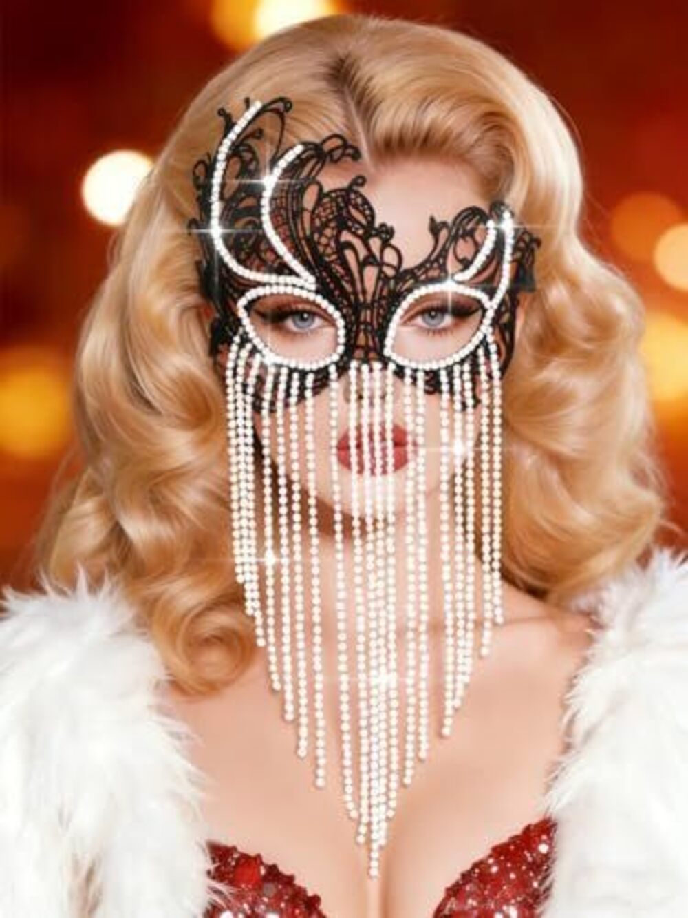 3593 Rhinestone Masquerade Mask Crystal Tassel Lace Mask Costume Party Eye